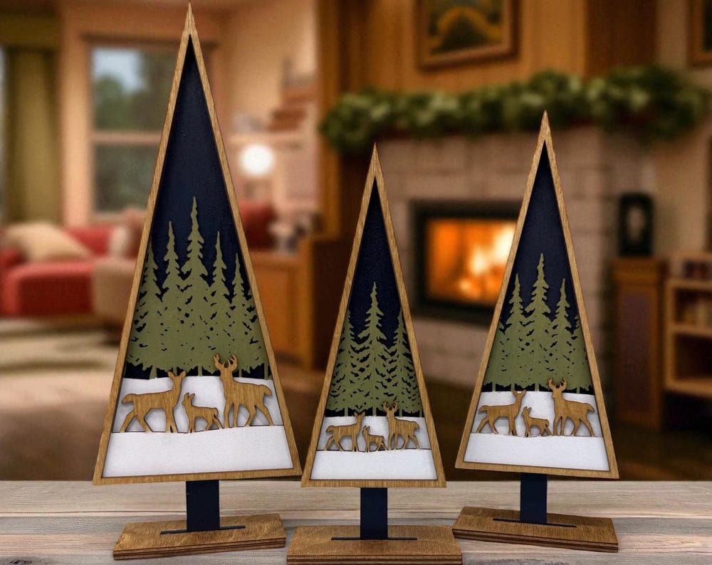 Wood Christmas Tree Decor with Deer Scene
