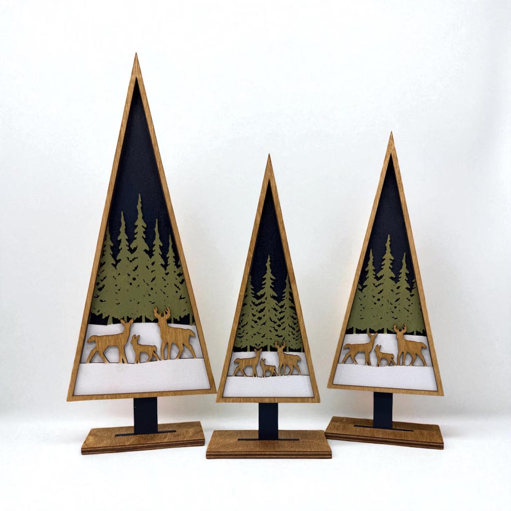 Wood Christmas Tree Decor with Deer Scene